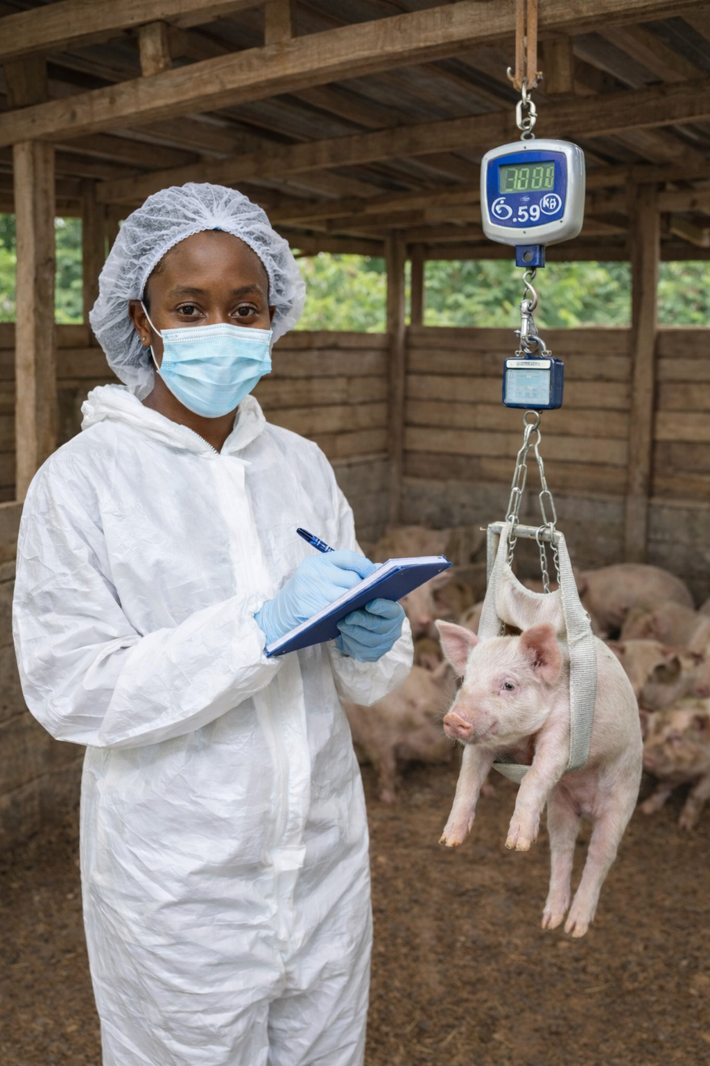 Biosecure pig weighing and data recording at Emirel Farm